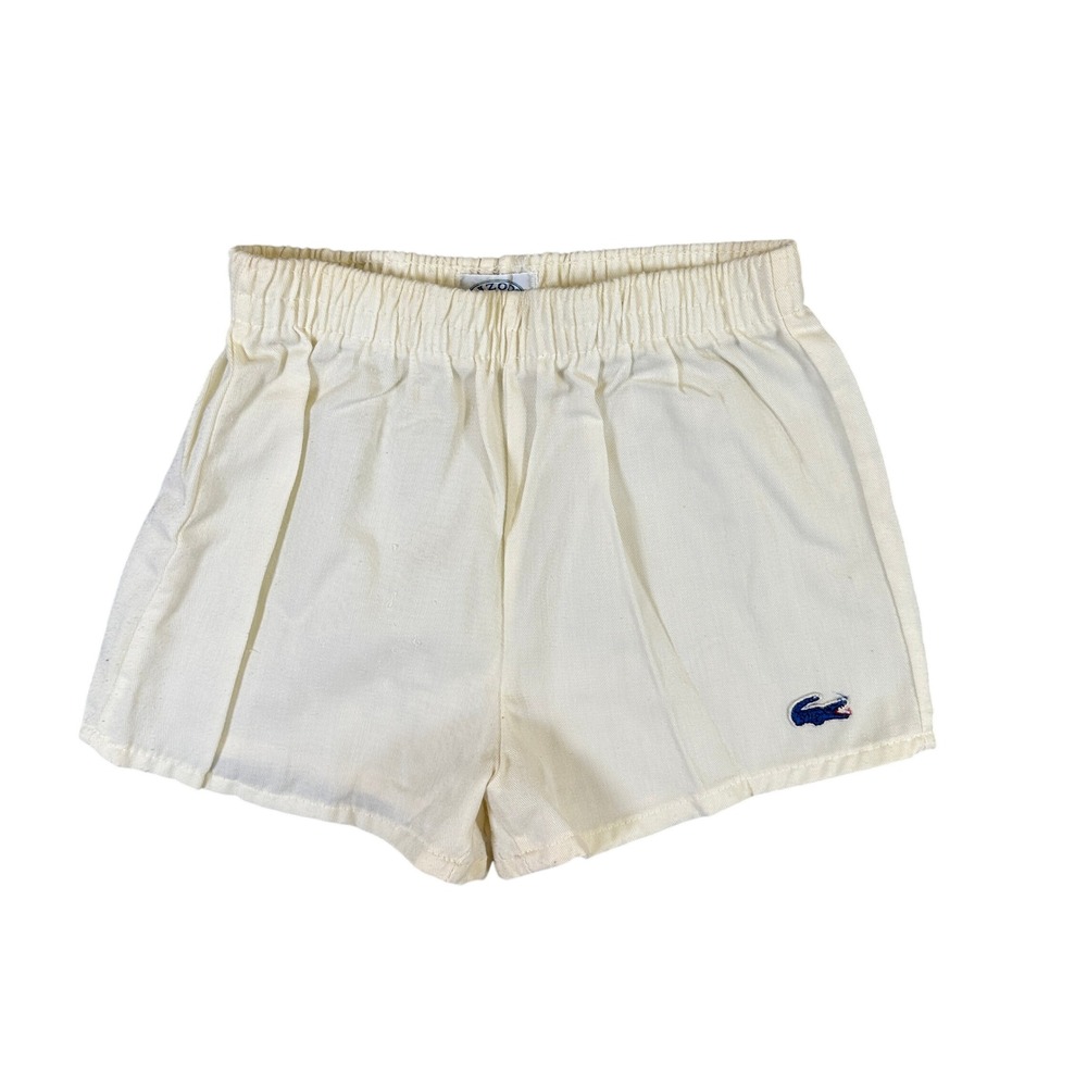 Vintage Izod Lacoste Cream Shorts Blue Croc Logo Elastic Waist Made in USA 12